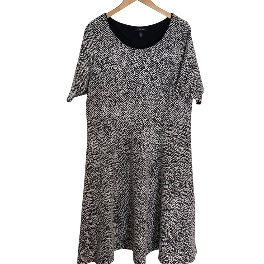 Lands' End Women's Black/White Print Short‎ Sleeve Casual Knit Stretch Dress 1X